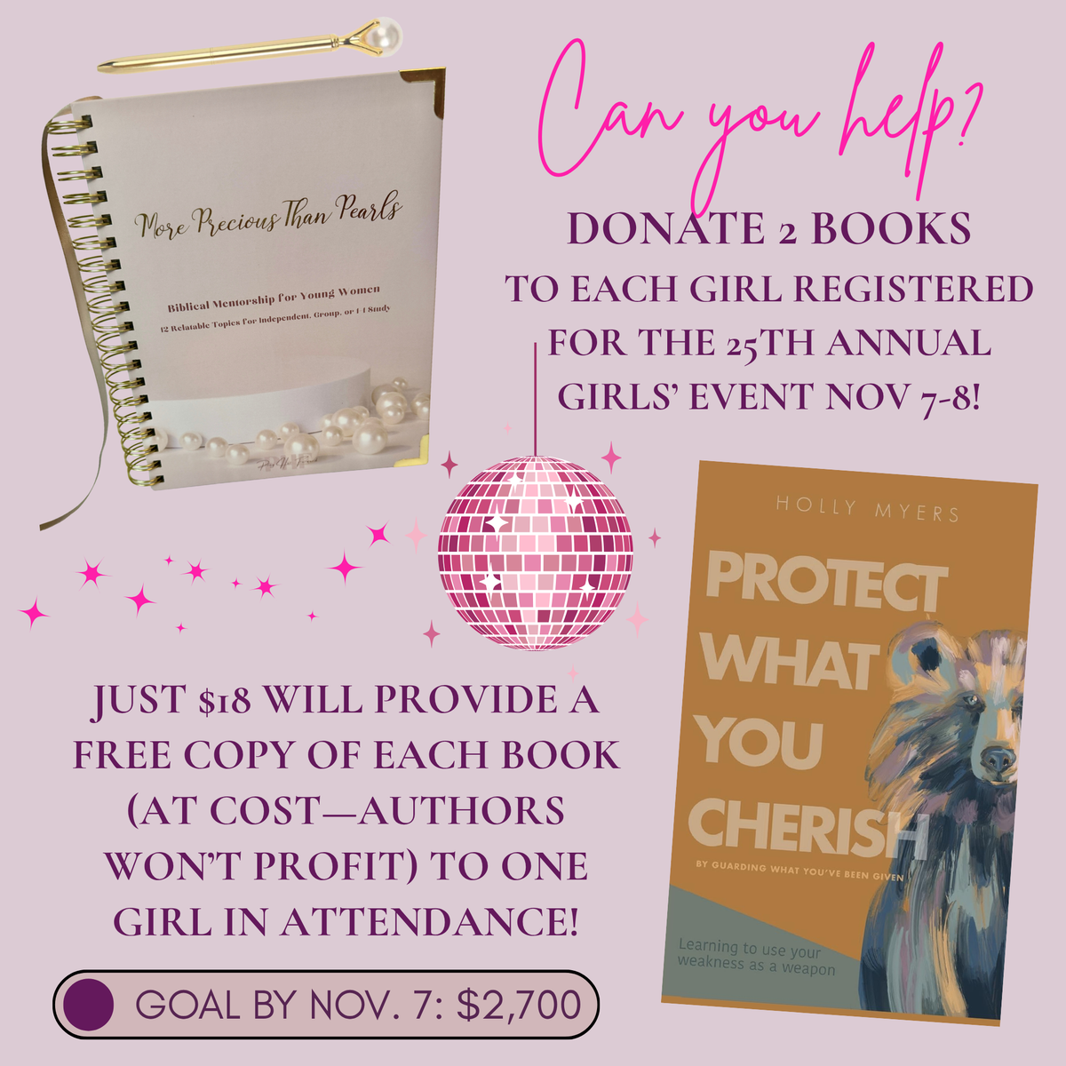 Donate books to girls registered for 25th annual "Searching for the Beauty Within" event Nov 7-8!