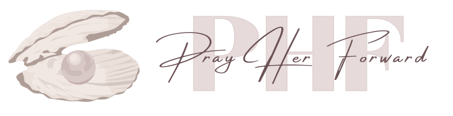 Logo with oyster and pearl signifying identity in Christ and Pray Her Forward theme 